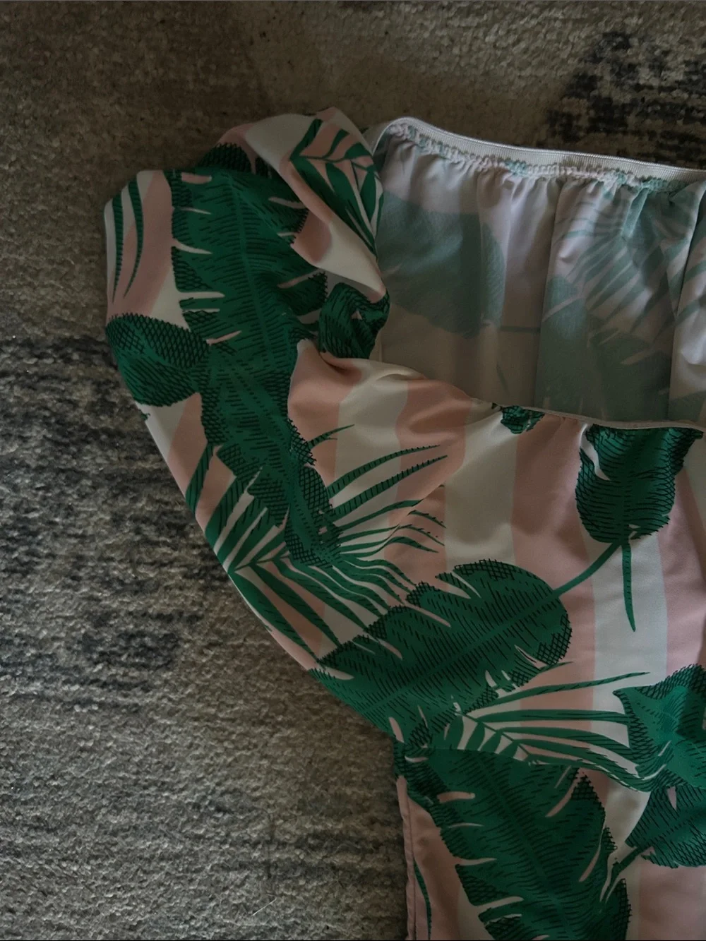 Tropical Off-Shoulder One-Piece Swimsuit - Green Palm on Pink